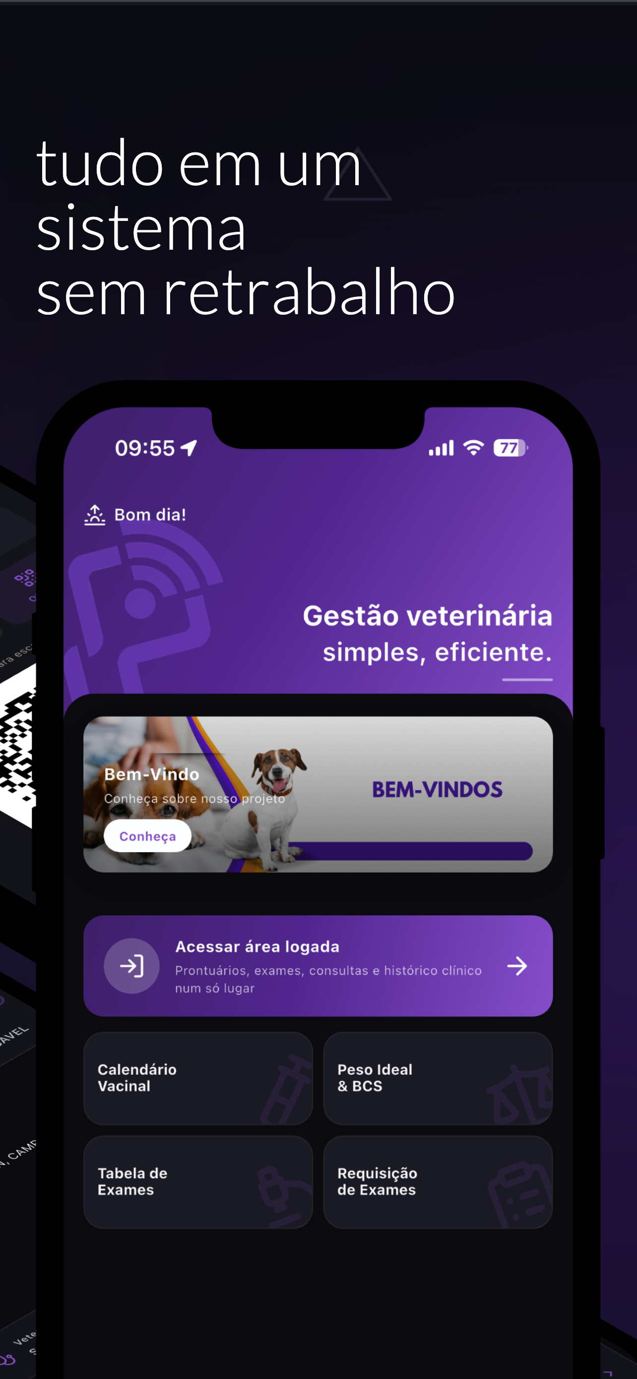 Tela do app PurpleVet com sistema integrado sem retrabalho